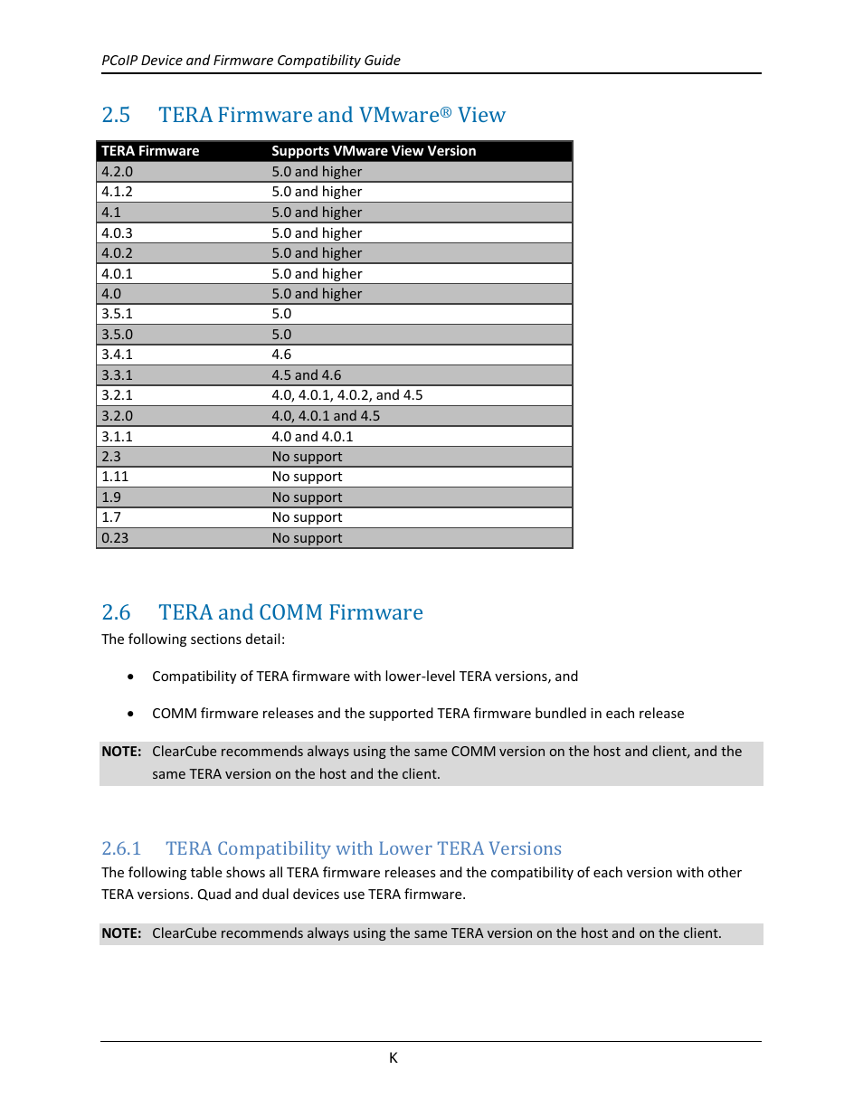 5 tera firmware and vmware® view, 6 tera and comm firmware, 1 tera compatibility with lower tera versions | Tera firmware and vmware, View, Tera and comm firmware, Tera compatibility with lower tera versions, 5 tera firmware and vmware | ClearCube PCoIP Device and Firmware Compatibility Guide User Manual | Page 7 / 14