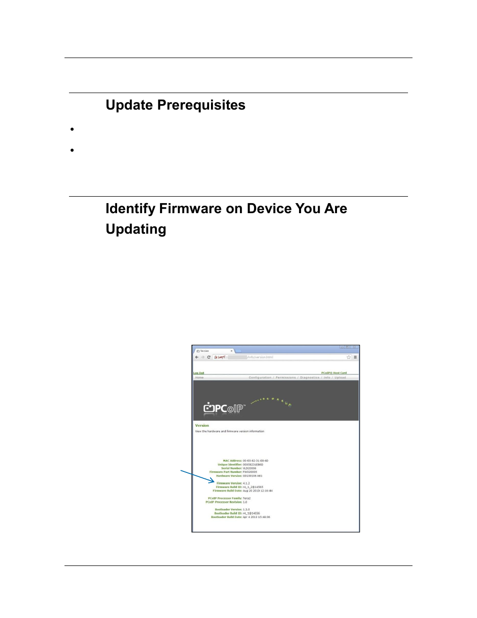 1 update prerequisites, 2 identify firmware on device you are updating, Update prerequisites | Identify firmware on device you are updating, Identify, Firmware on device you are updating | ClearCube PCoIP System User's Guide User Manual | Page 112 / 126
