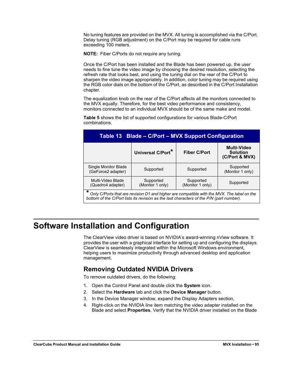 Software installation and configuration, Removing outdated nvidia drivers, Table 13 | Blade – c/port – mvx support configuration, E software installation and, Configuration, E 95, 95 des | ClearCube R Series Pentium 4 User Manual | Page 105 / 142