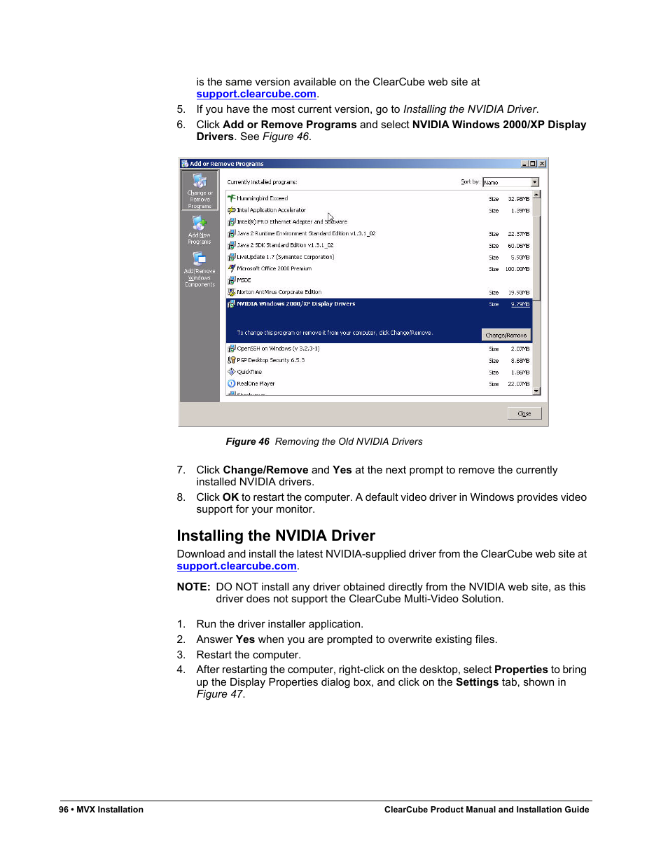 Installing the nvidia driver, Figure 46, Removing the old nvidia drivers | ClearCube R Series Pentium 4 User Manual | Page 106 / 142