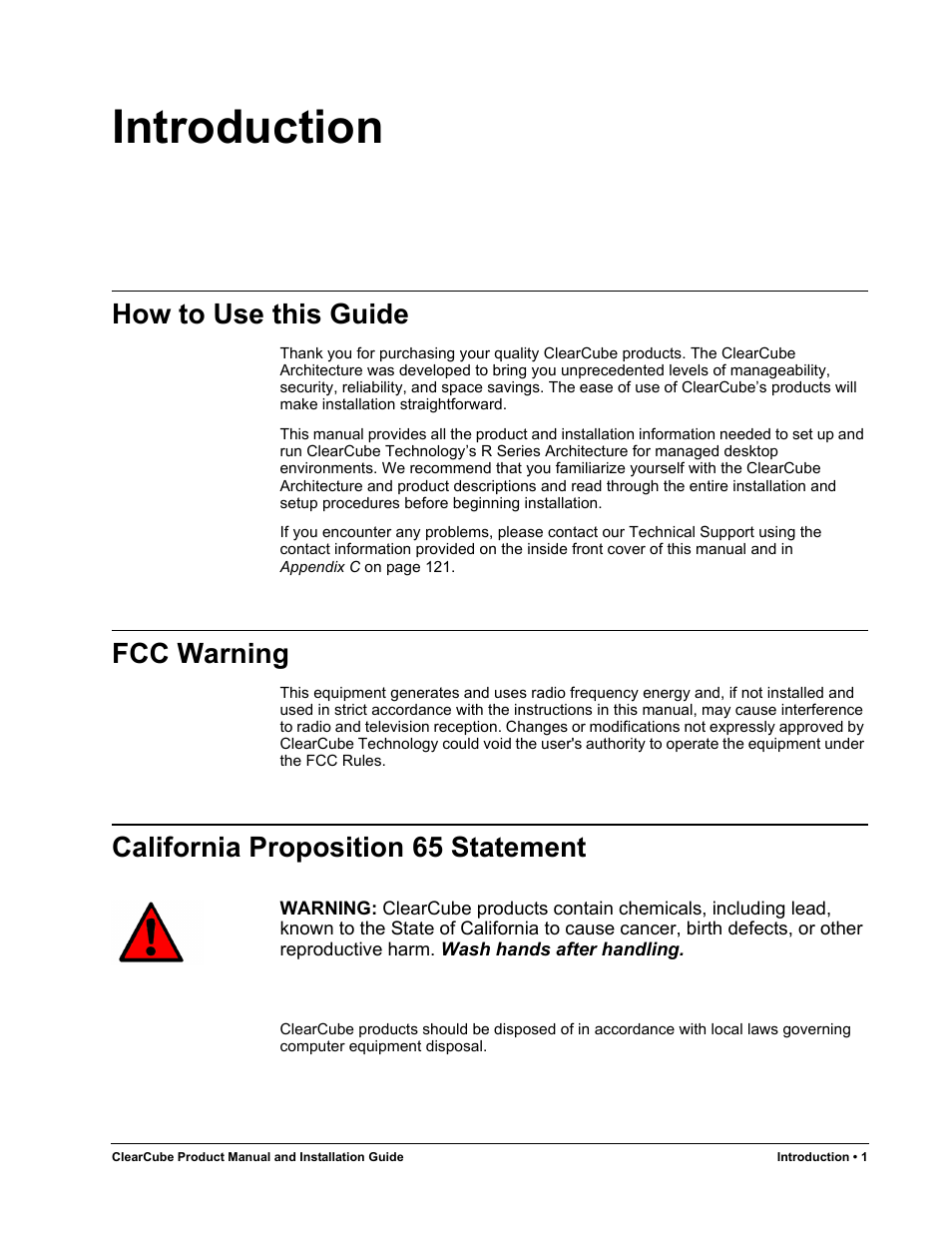 Introduction, How to use this guide, Fcc warning | California proposition 65 statement | ClearCube R Series Pentium 4 User Manual | Page 11 / 142