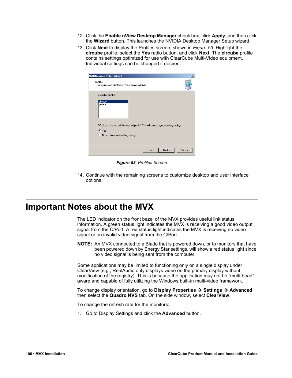 Important notes about the mvx, Figure 53, Profiles screen | ClearCube R Series Pentium 4 User Manual | Page 110 / 142
