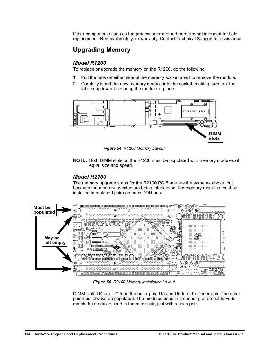 Upgrading memory, Model r1200, Model r2100 | Figure 54, R1200 memory layout, Figure 55, R2100 memory installation layout | ClearCube R Series Pentium 4 User Manual | Page 114 / 142