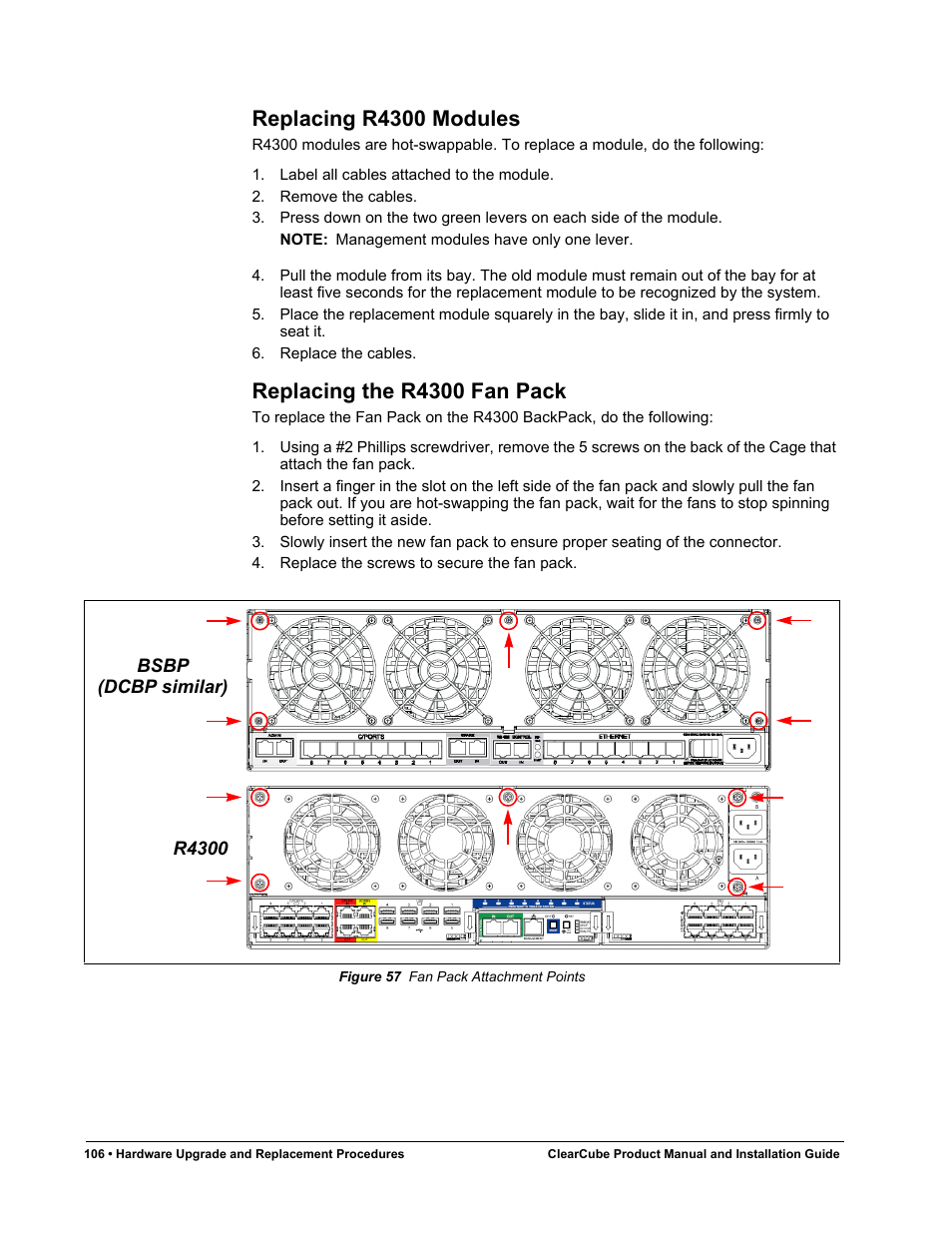 Replacing r4300 modules, Replacing the r4300 fan pack, Figure 57 | Fan pack attachment points | ClearCube R Series Pentium 4 User Manual | Page 116 / 142