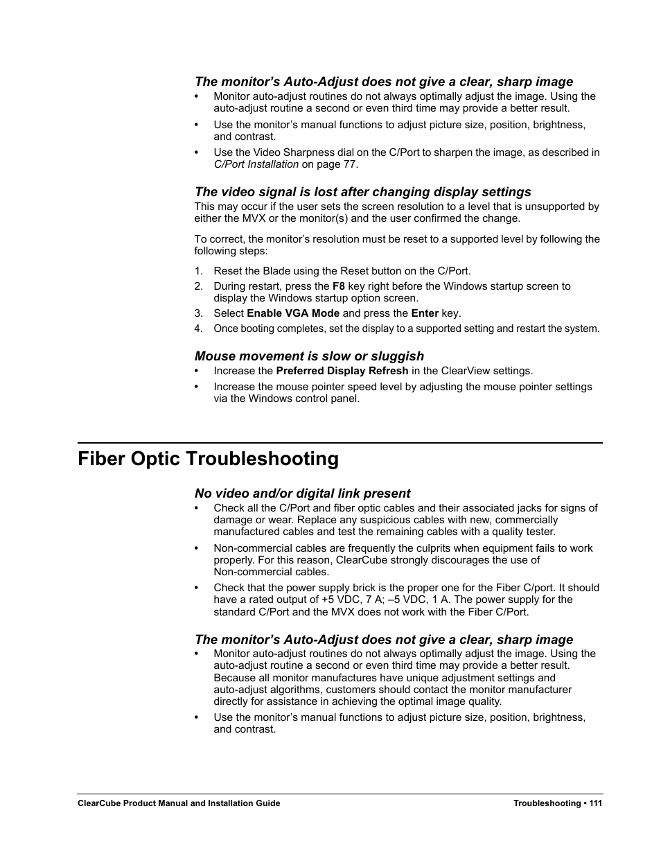 Fiber optic troubleshooting, Mouse movement is slow or sluggish, No video and/or digital link present | ClearCube R Series Pentium 4 User Manual | Page 121 / 142