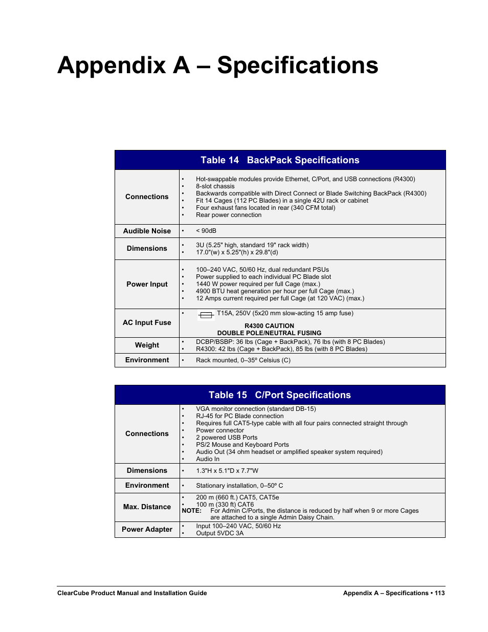Appendix a - specifications, Appendix a – specifications, Table 14 | Backpack specifications, Table 15, C/port specifications, Table 14 backpack specifications, Table 15 c/port specifications | ClearCube R Series Pentium 4 User Manual | Page 123 / 142
