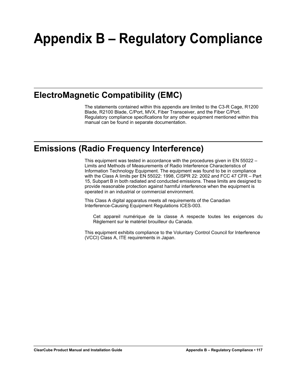 Appendix b - regulatory compliance, Electromagnetic compatibility (emc), Emissions (radio frequency interference) | Appendix b – regulatory compliance | ClearCube R Series Pentium 4 User Manual | Page 127 / 142