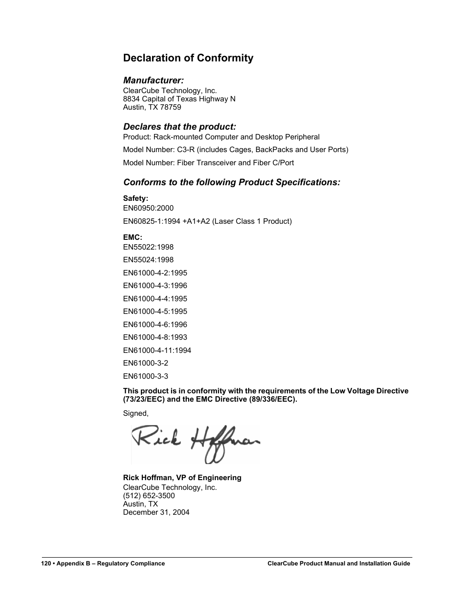Declaration of conformity | ClearCube R Series Pentium 4 User Manual | Page 130 / 142