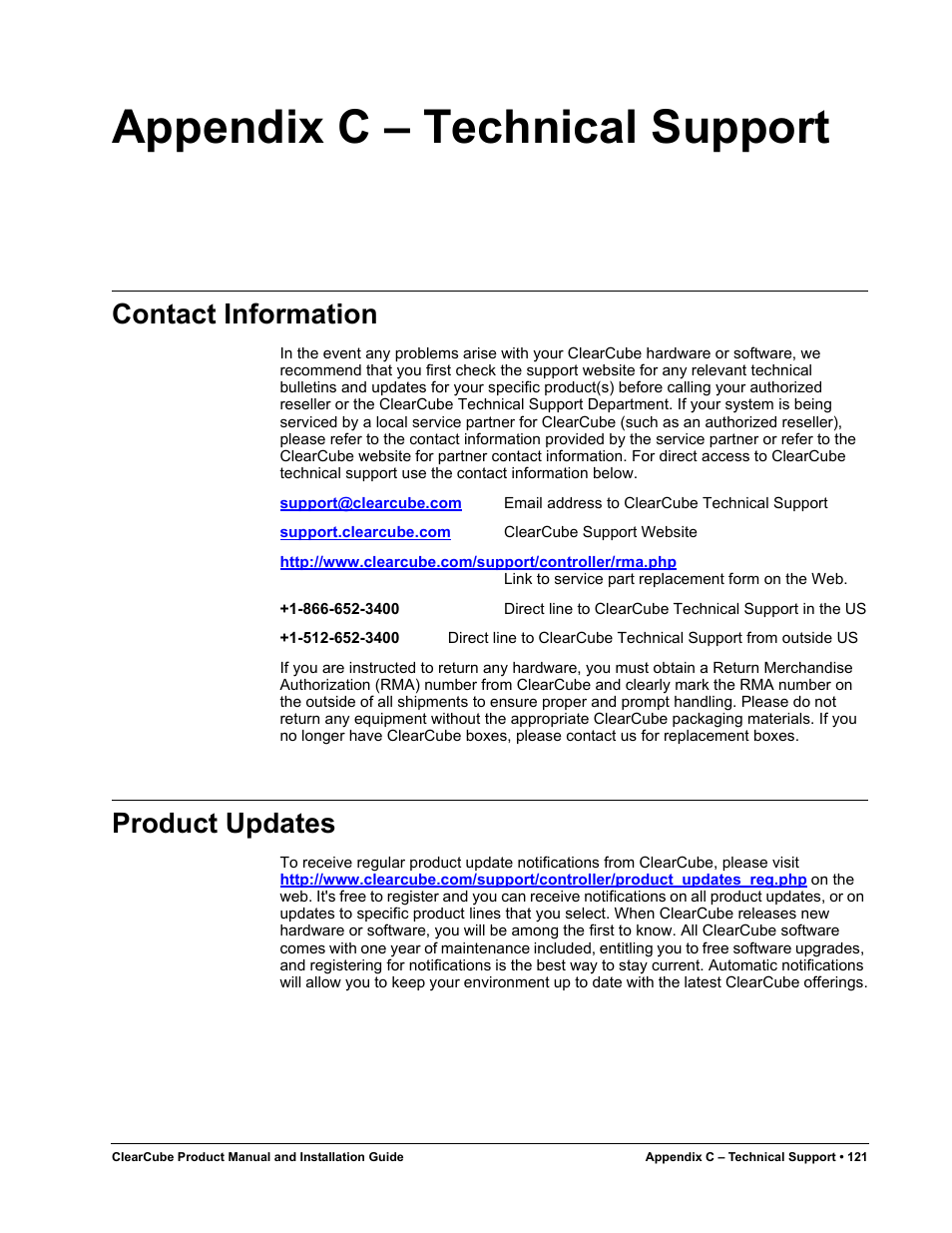 Appendix c - technical support, Contact information, Product updates | Appendix c – technical support | ClearCube R Series Pentium 4 User Manual | Page 131 / 142
