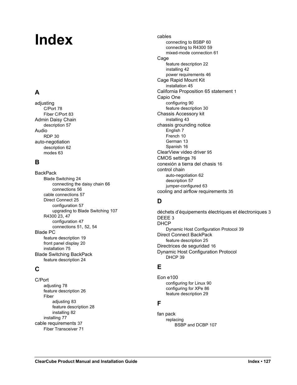 Index | ClearCube R Series Pentium 4 User Manual | Page 137 / 142