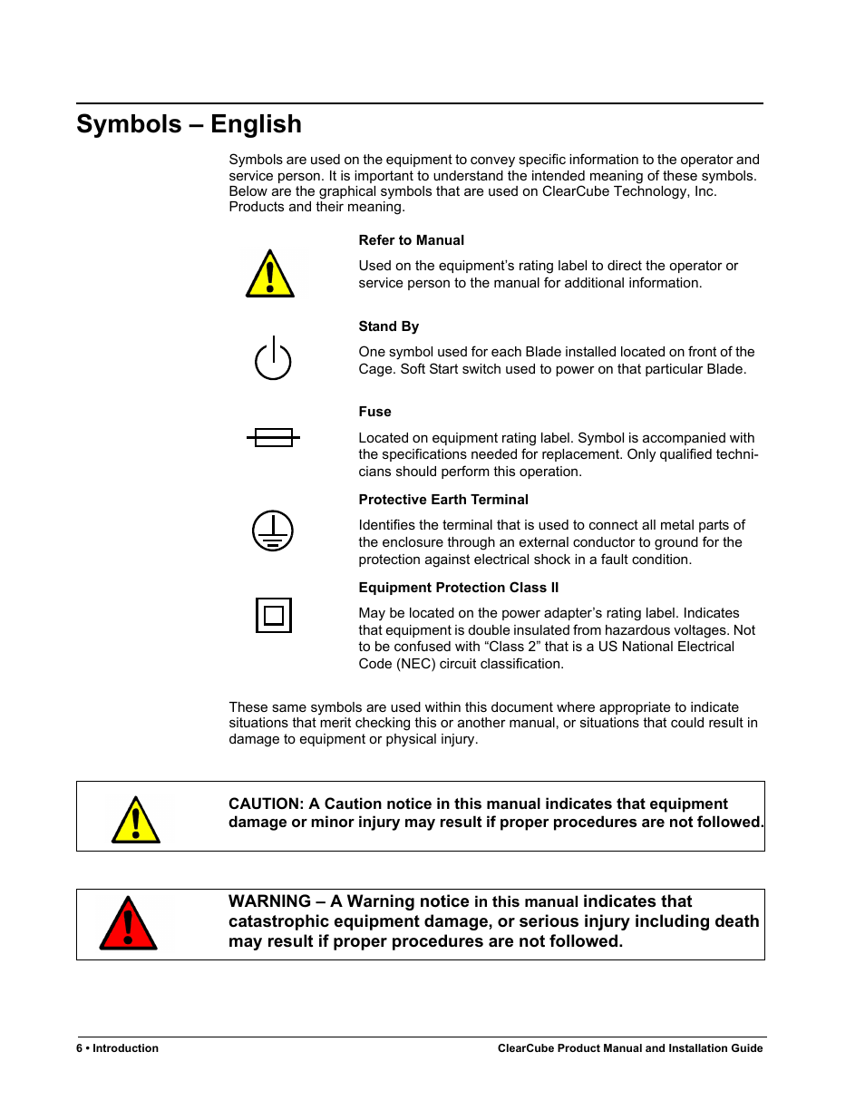 Symbols - english, Symbols – english | ClearCube R Series Pentium 4 User Manual | Page 16 / 142