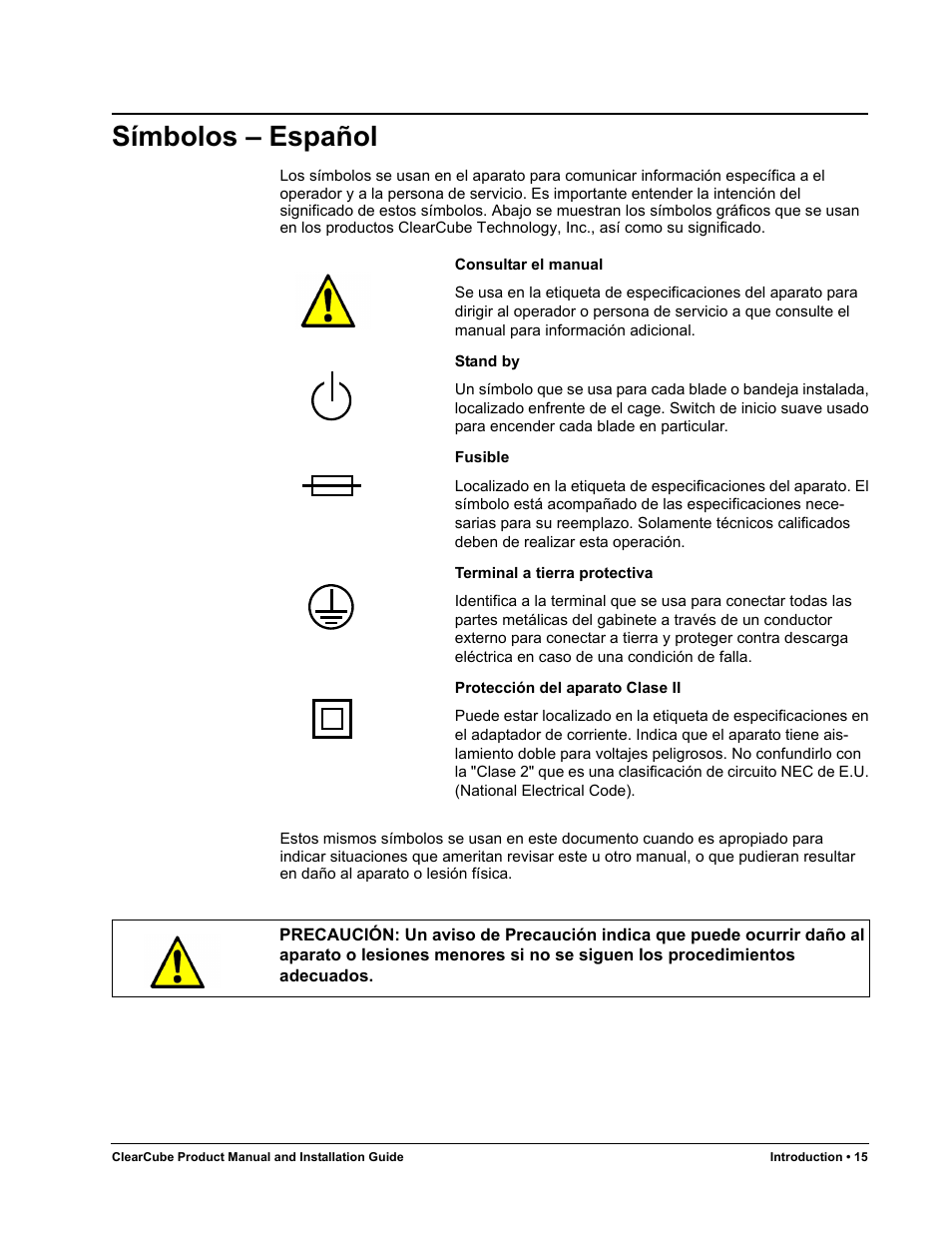 Símbolos - español, Símbolos – español | ClearCube R Series Pentium 4 User Manual | Page 25 / 142