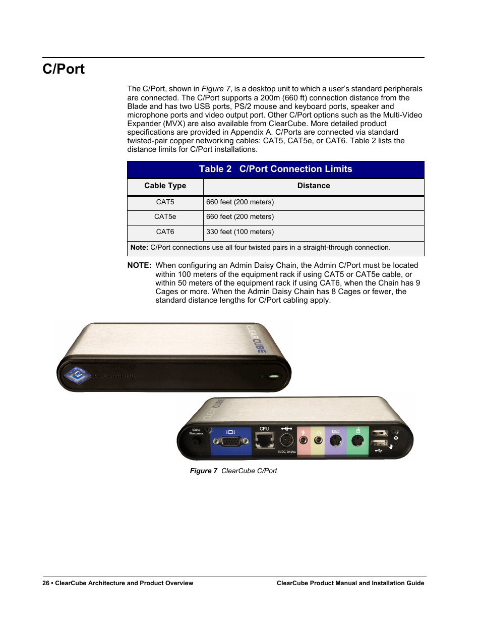 C/port, Figure 7, Clearcube c/port | Table 2, C/port connection limits | ClearCube R Series Pentium 4 User Manual | Page 36 / 142