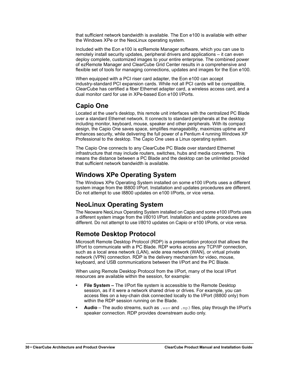 Capio one, Windows xpe operating system, Neolinux operating system | Remote desktop protocol | ClearCube R Series Pentium 4 User Manual | Page 40 / 142
