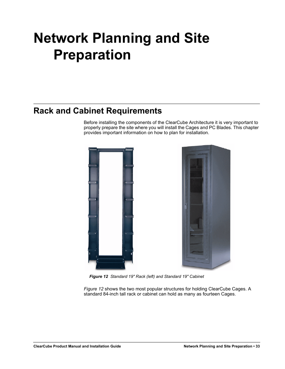 Network planning and site preparation, Rack and cabinet requirements, Figure 12 | Standard 19" rack (left) and standard 19" cabinet | ClearCube R Series Pentium 4 User Manual | Page 43 / 142
