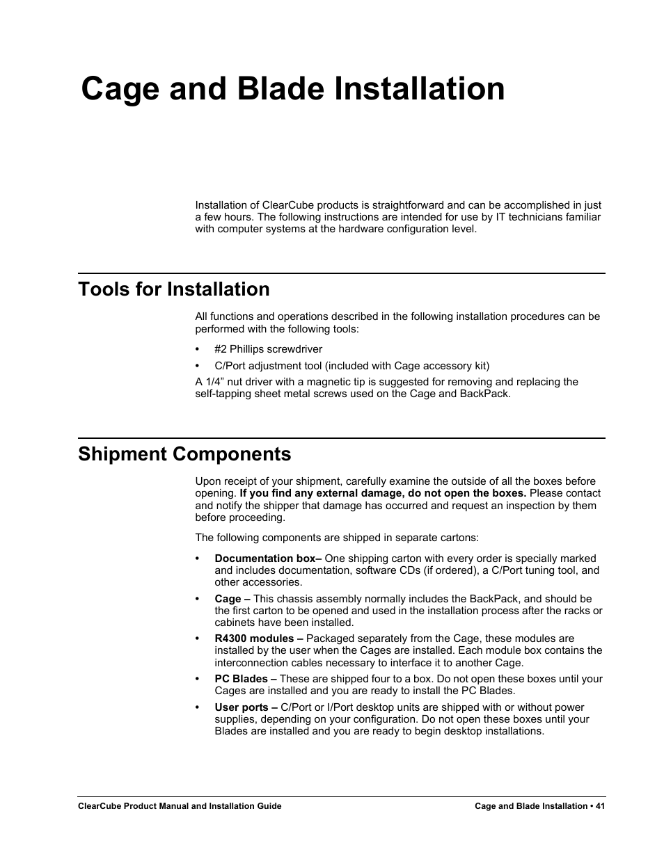 Cage and blade installation, Tools for installation, Shipment components | ClearCube R Series Pentium 4 User Manual | Page 51 / 142
