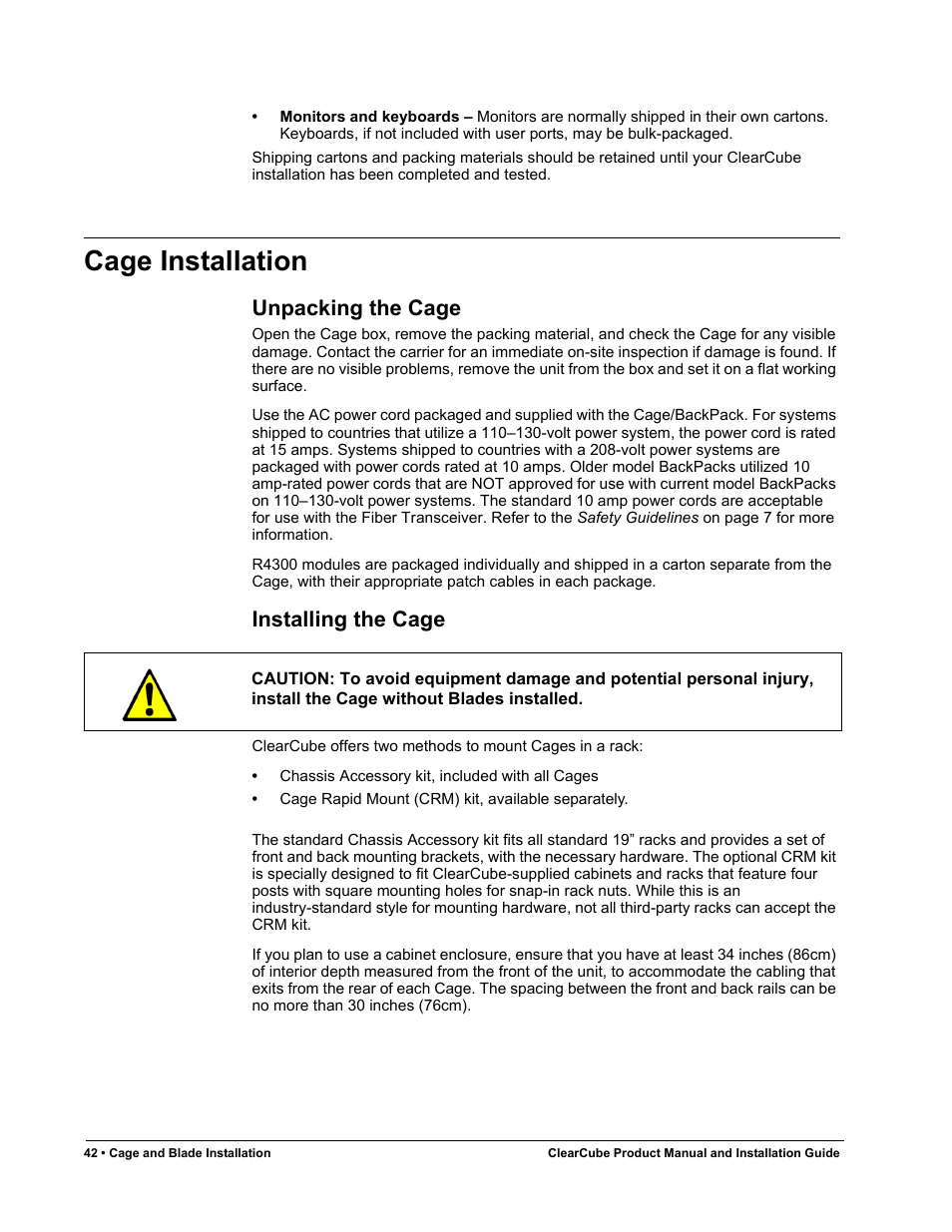Cage installation, Unpacking the cage, Installing the cage | ClearCube R Series Pentium 4 User Manual | Page 52 / 142