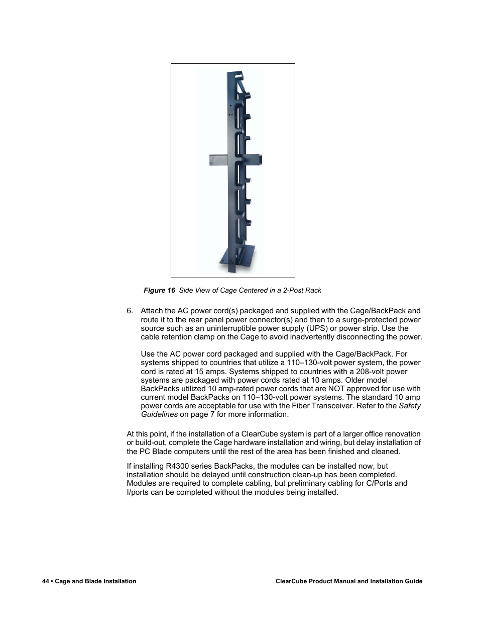 Figure 16, Side view of cage centered in a 2-post rack | ClearCube R Series Pentium 4 User Manual | Page 54 / 142
