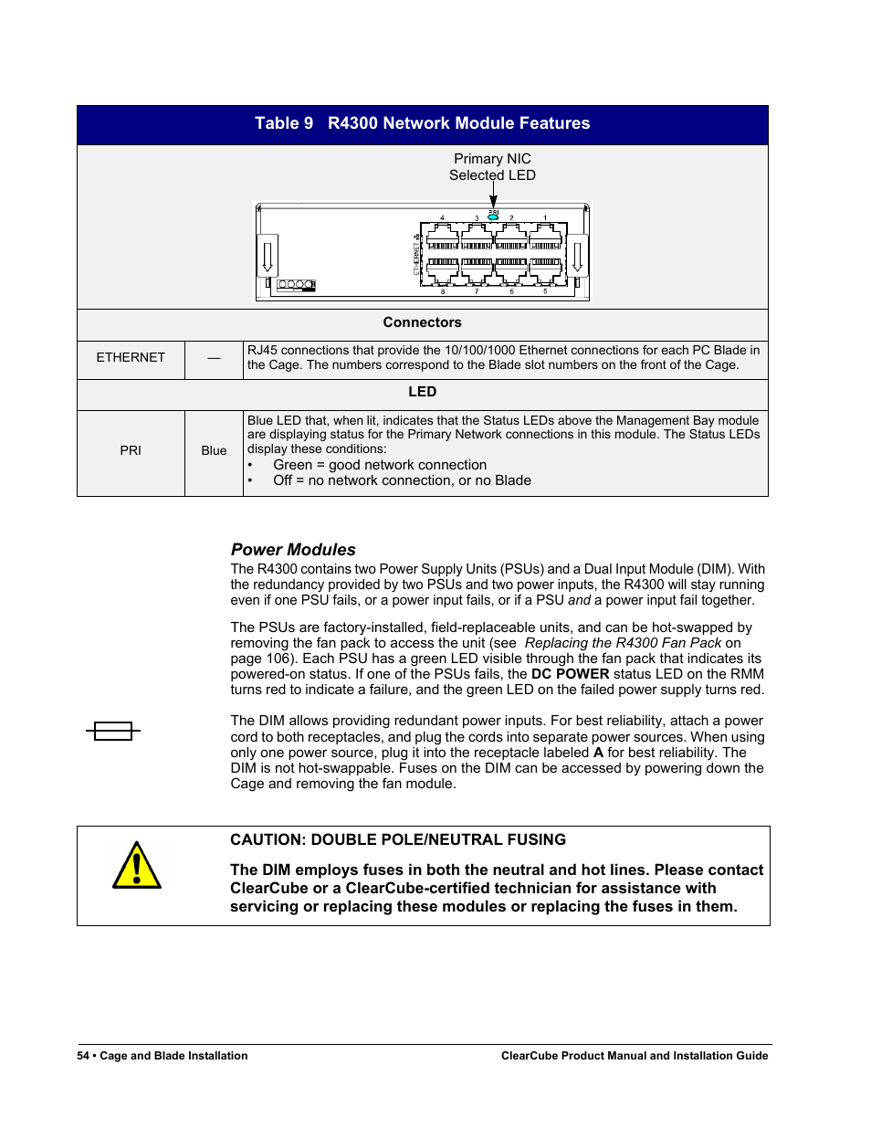 Power modules, Table 9, R4300 network module features | ClearCube R Series Pentium 4 User Manual | Page 64 / 142