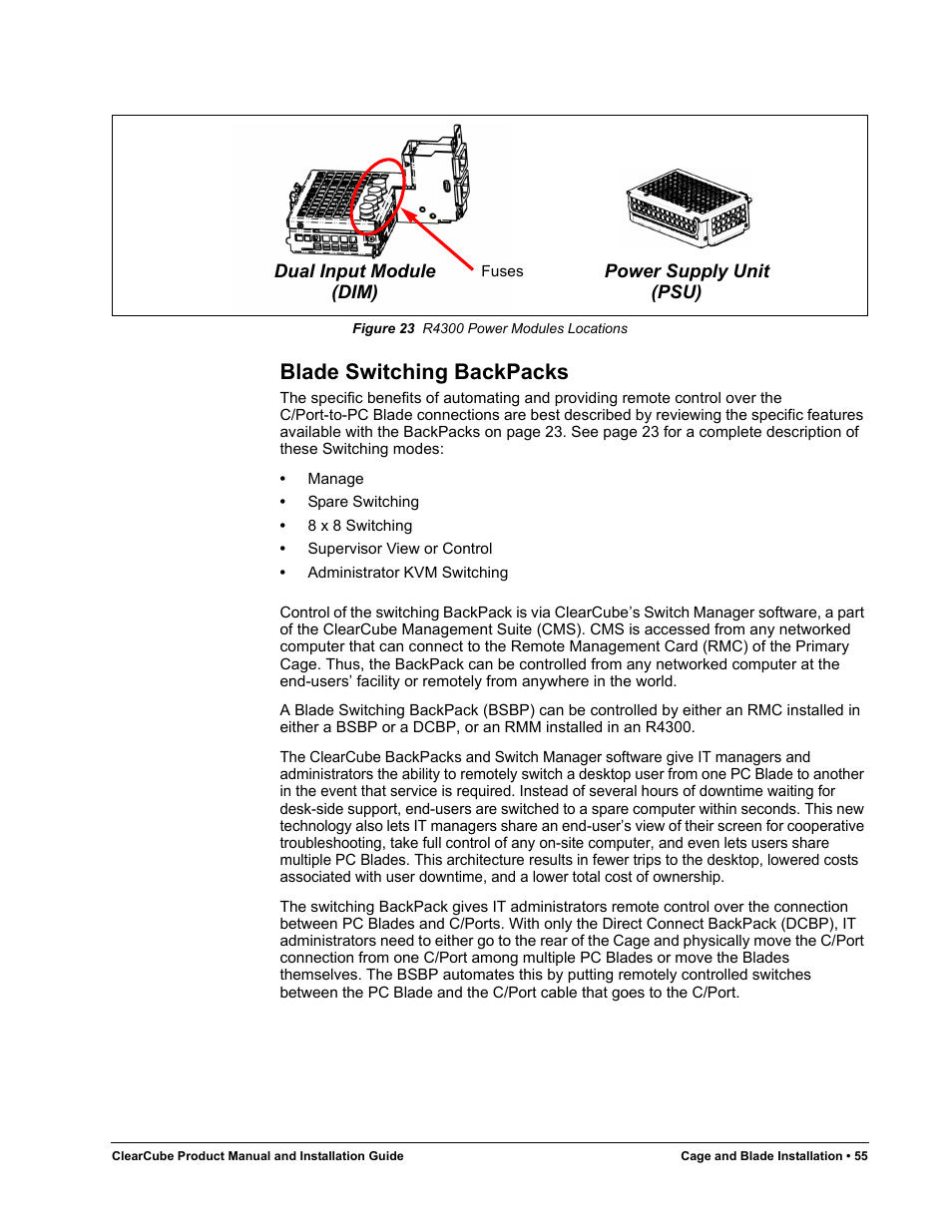 Blade switching backpacks, Figure 23, R4300 power modules locations | ClearCube R Series Pentium 4 User Manual | Page 65 / 142