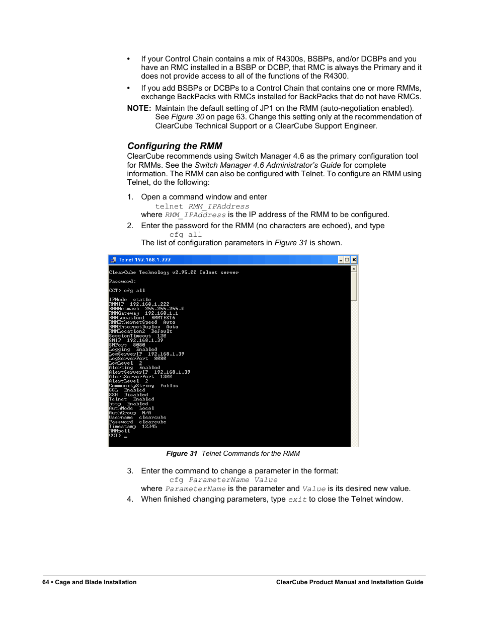 Configuring the rmm, Figure 31, Telnet commands for the rmm | ClearCube R Series Pentium 4 User Manual | Page 74 / 142