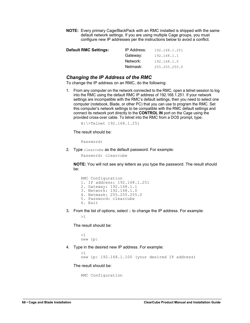 Changing the ip address of the rmc | ClearCube R Series Pentium 4 User Manual | Page 78 / 142