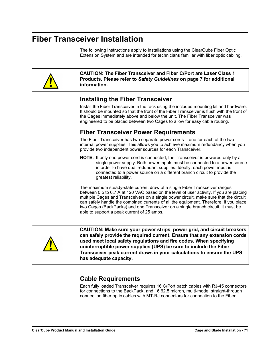 Fiber transceiver installation, Installing the fiber transceiver, Fiber transceiver power requirements | Cable requirements | ClearCube R Series Pentium 4 User Manual | Page 81 / 142