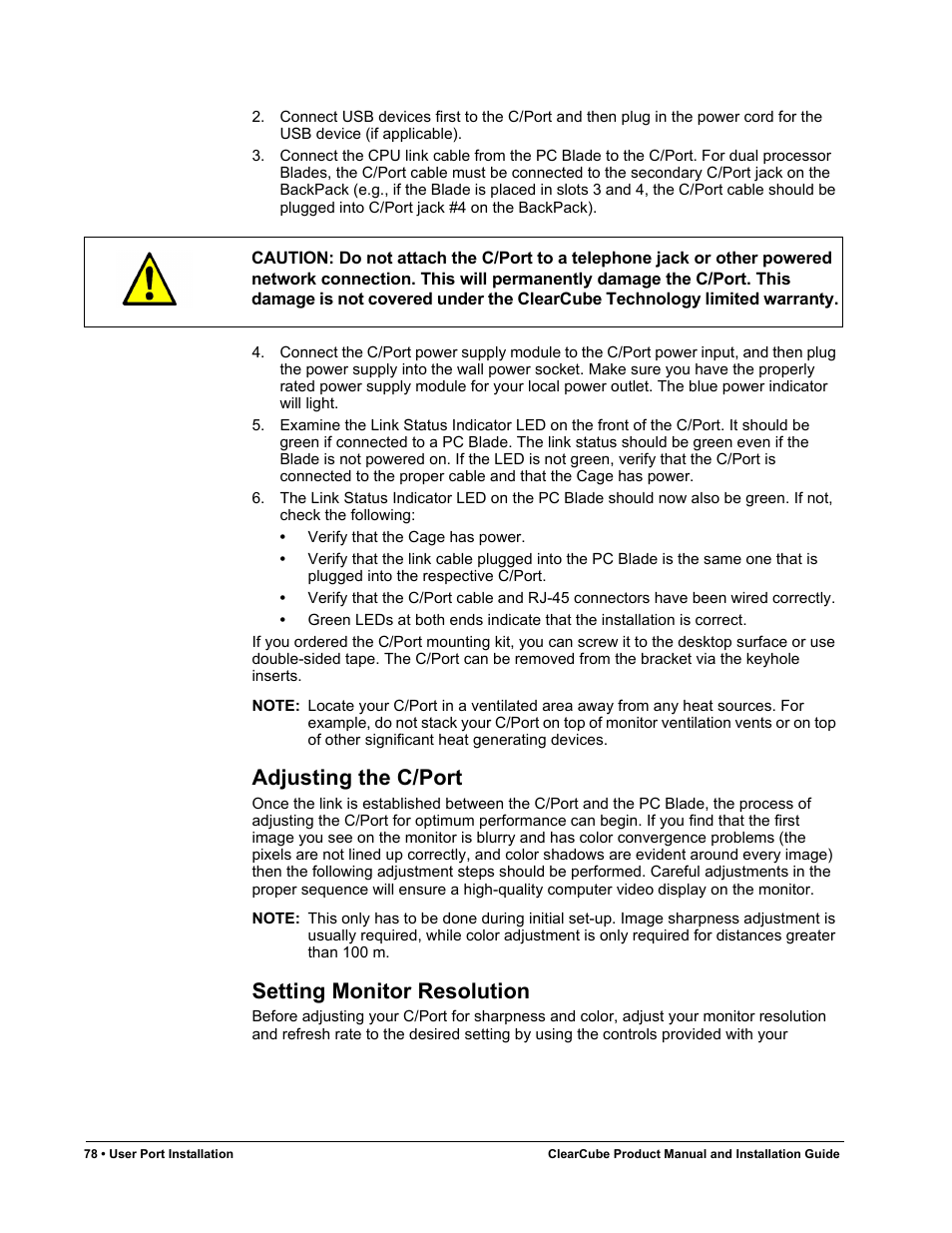 Adjusting the c/port, Setting monitor resolution | ClearCube R Series Pentium 4 User Manual | Page 88 / 142