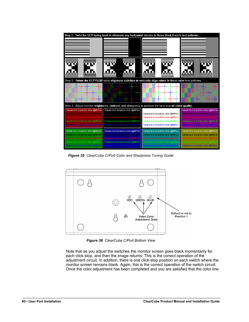 Figure 35, Clearcube c/port color and sharpness tuning guide, Figure 36 | Clearcube c/port bottom view, Figure 36 ) | ClearCube R Series Pentium 4 User Manual | Page 90 / 142