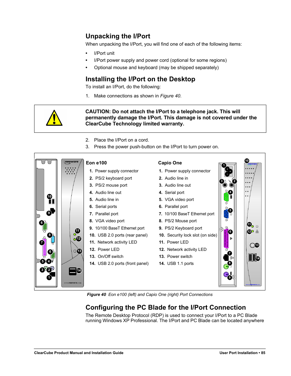 Unpacking the i/port, Installing the i/port on the desktop, Configuring the pc blade for the i/port connection | Figure 40 | ClearCube R Series Pentium 4 User Manual | Page 95 / 142
