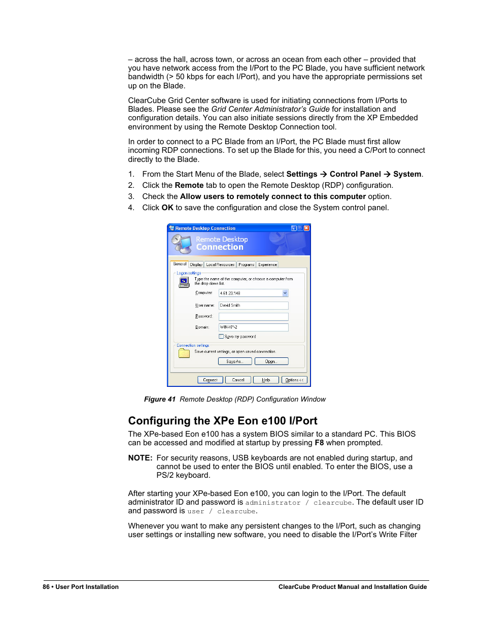 Configuring the xpe eon e100 i/port, Figure 41, Remote desktop (rdp) configuration window | ClearCube R Series Pentium 4 User Manual | Page 96 / 142