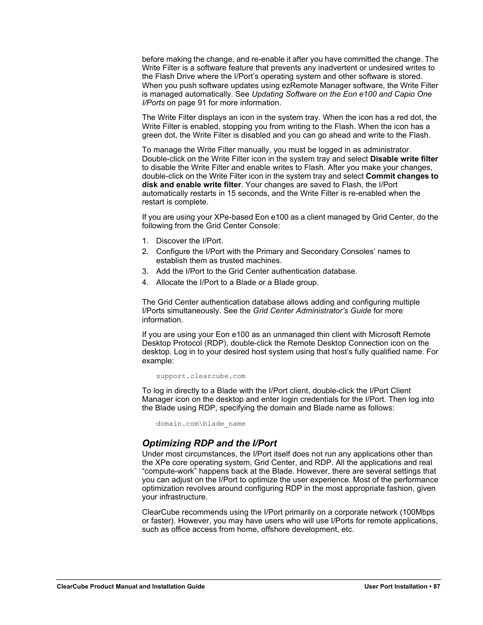 Optimizing rdp and the i/port | ClearCube R Series Pentium 4 User Manual | Page 97 / 142