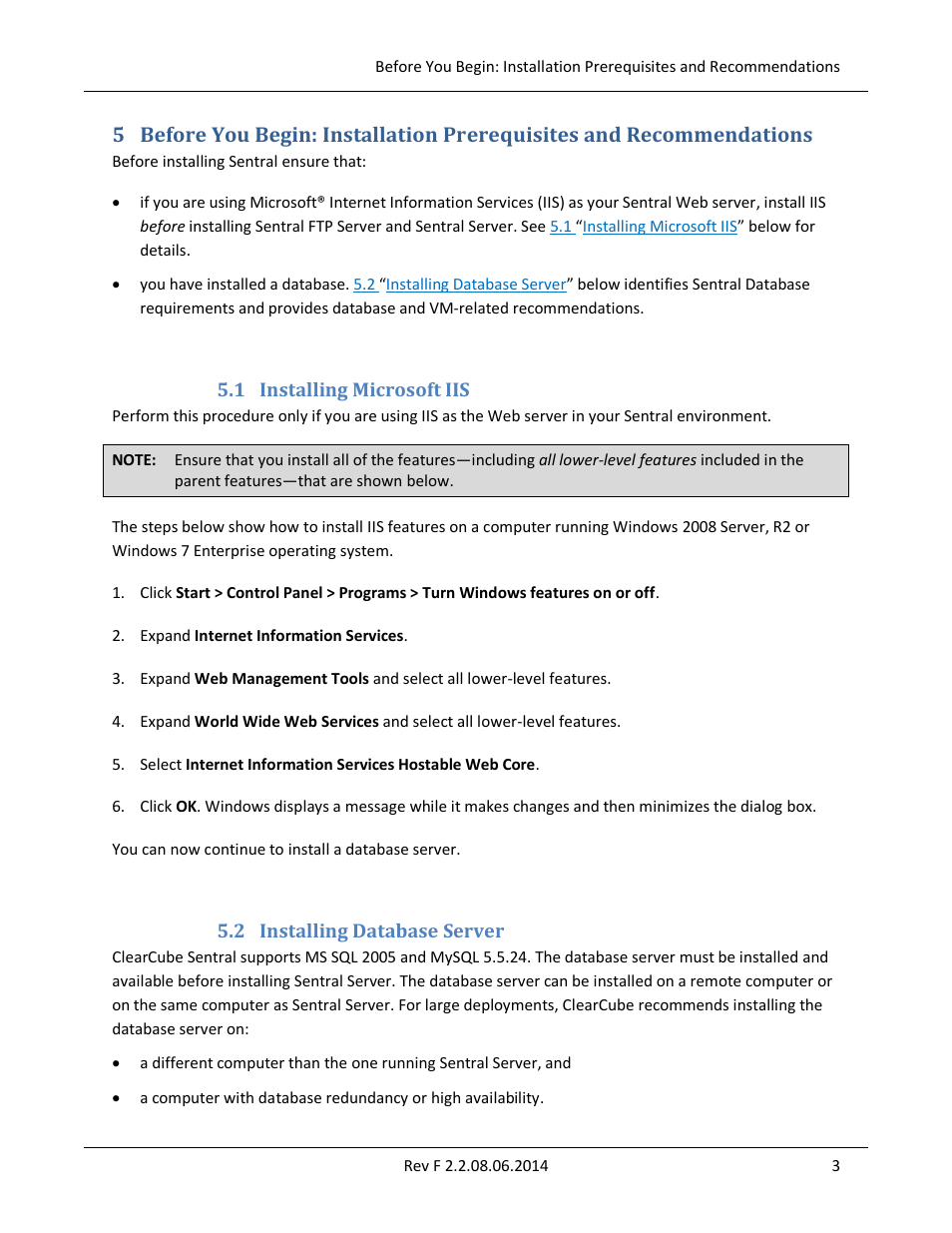 1 installing microsoft iis, 2 installing database server, Installing microsoft iis | Installing database server | ClearCube Sentral 6.9.3 User Manual | Page 10 / 61