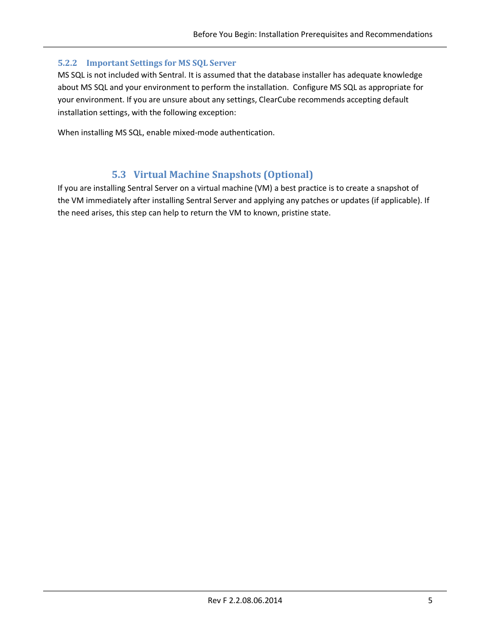 2 important settings for ms sql server, 3 virtual machine snapshots (optional), Important settings for ms sql server | Virtual machine snapshots (optional) | ClearCube Sentral 6.9.3 User Manual | Page 12 / 61