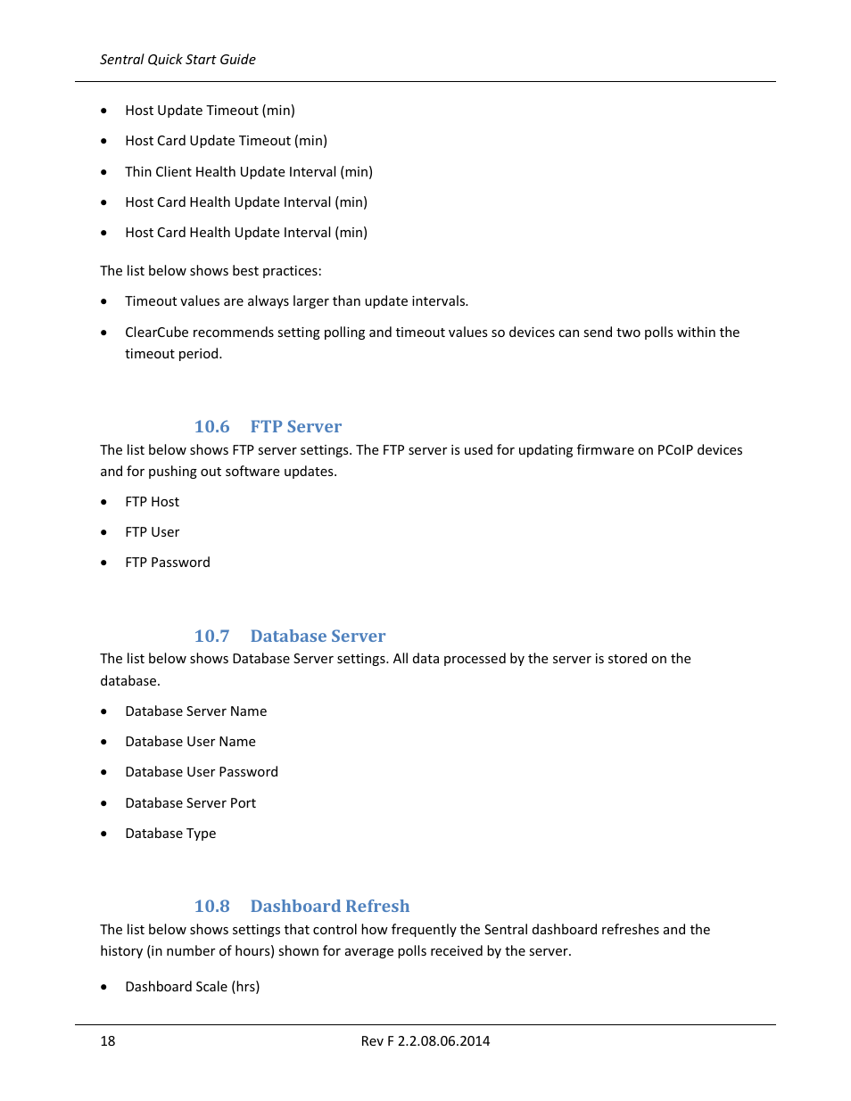 6 ftp server, 7 database server, 8 dashboard refresh | Ftp server, Database server, Dashboard refresh | ClearCube Sentral 6.9.3 User Manual | Page 25 / 61