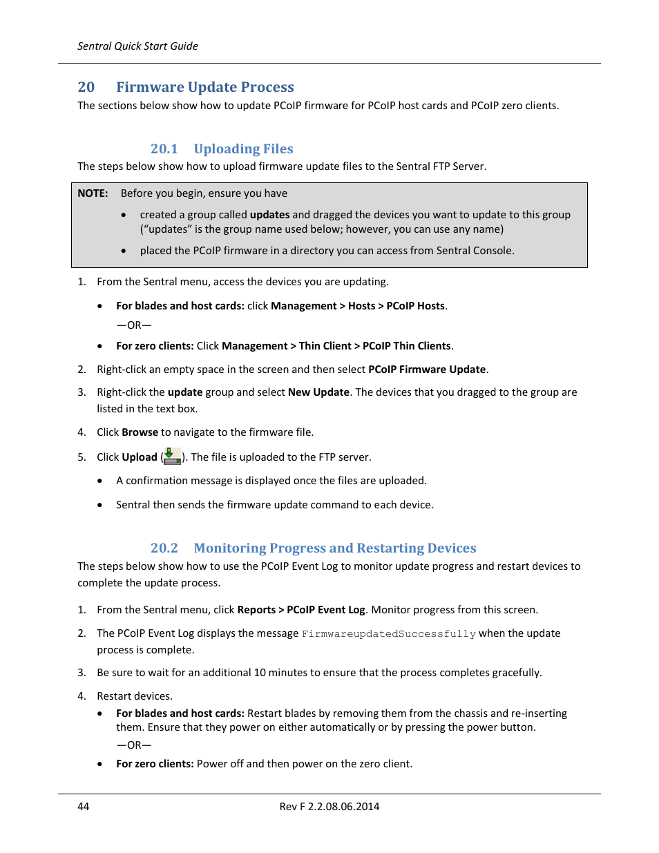 20 firmware update process, 1 uploading files, 2 monitoring progress and restarting devices | Uploading files, Monitoring progress and restarting devices | ClearCube Sentral 6.9.3 User Manual | Page 51 / 61