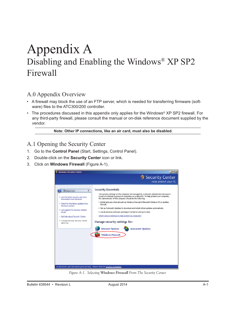 Appendix a, Disabling and enabling the windows, Xp sp2 firewall | CommScope ATC300-2000 User Manual | Page 190 / 214