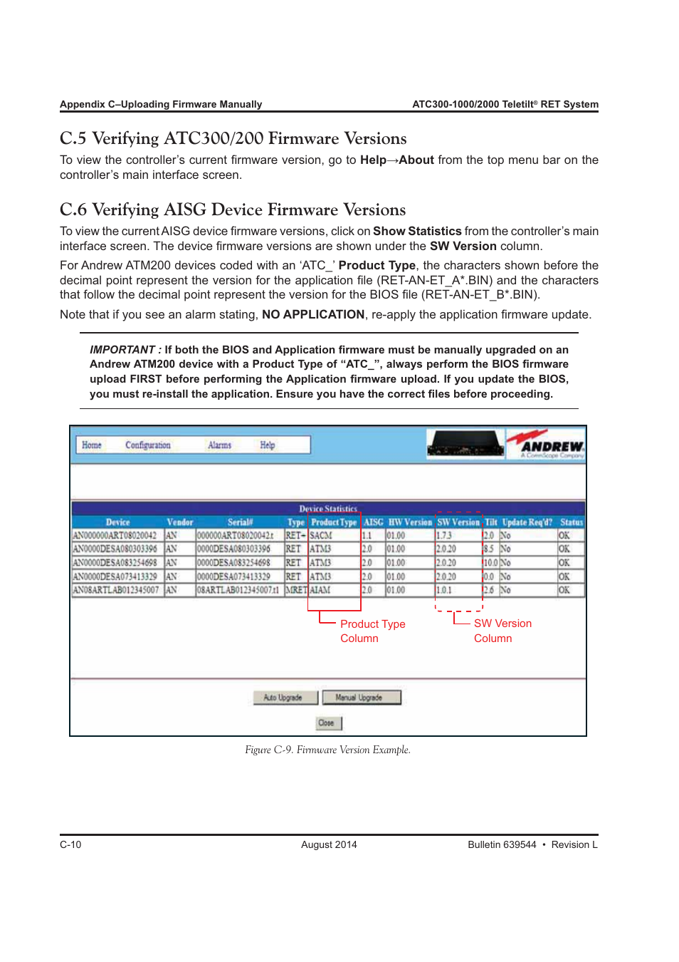 C.6 verifying aisg device firmware versions | CommScope ATC300-2000 User Manual | Page 207 / 214