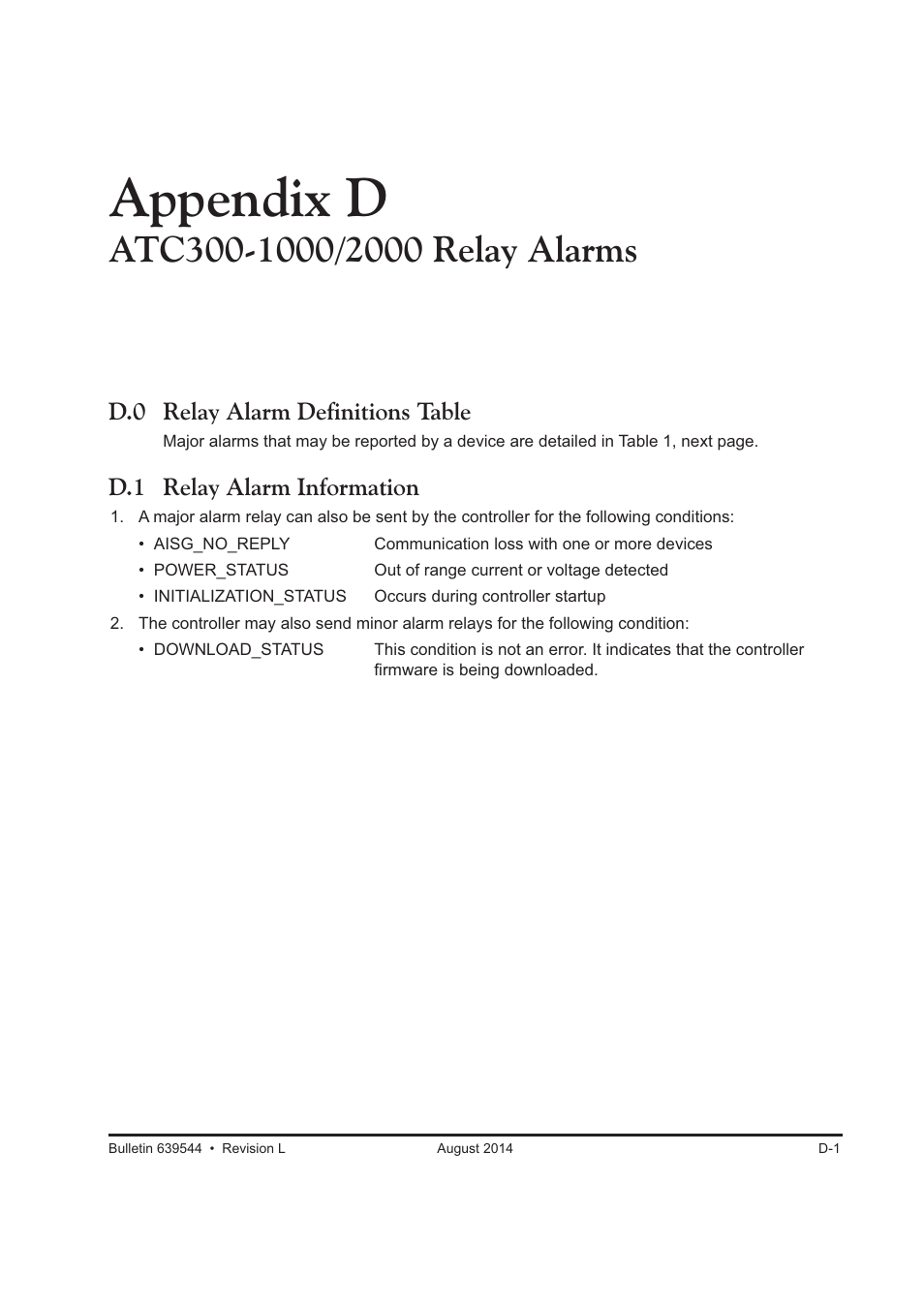 Appendix d, D.0 relay alarm definitions table, D.1 relay alarm information | CommScope ATC300-2000 User Manual | Page 209 / 214