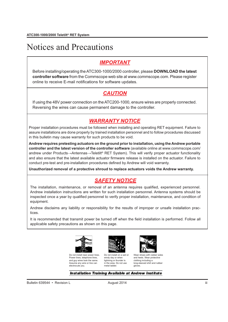 Notices and precautions, Important, Safety notice | Warranty notice, Caution | CommScope ATC300-2000 User Manual | Page 5 / 214