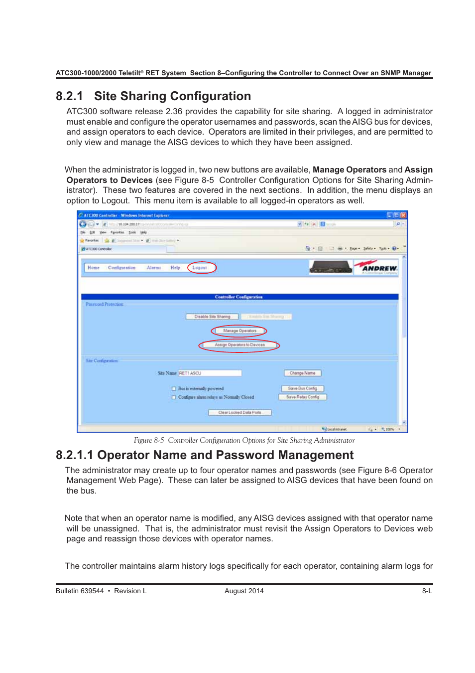 1 site sharing conﬁguration, 1 operator name and password management | CommScope ATC300-2000 User Manual | Page 82 / 214