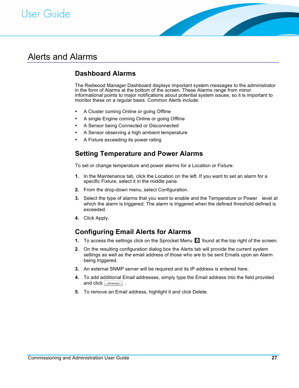 Alerts and alarms, Dashboard alarms, Setting temperature and power alarms | Configuring email alerts for alarms | CommScope Redwood version 3.2 User Manual | Page 30 / 41