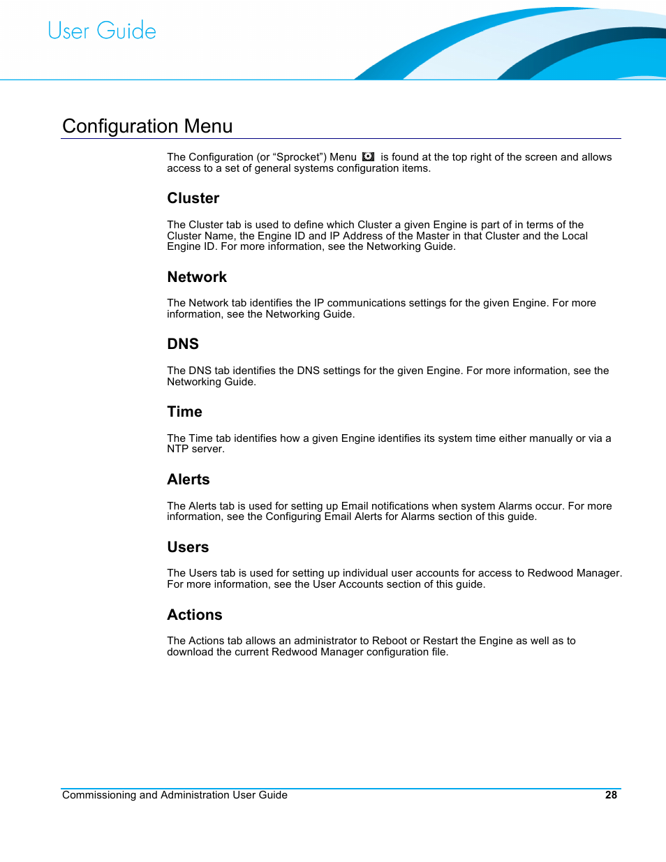 Configuration menu, Cluster, Network | Time, Alerts, Users, Actions | CommScope Redwood version 3.2 User Manual | Page 31 / 41