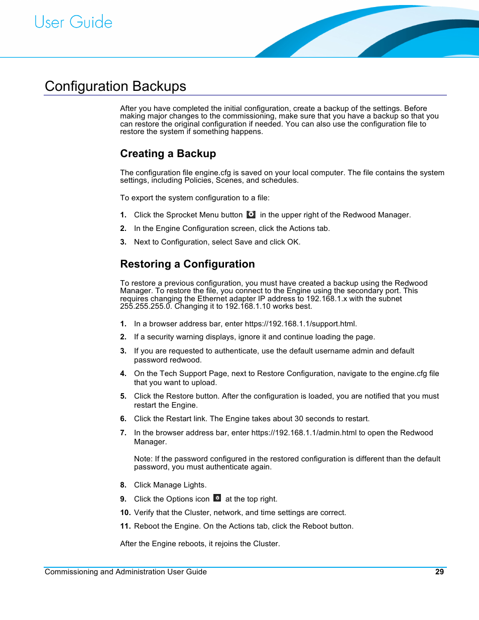 Configuration backups, Creating a backup, Restoring a configuration | CommScope Redwood version 3.2 User Manual | Page 32 / 41