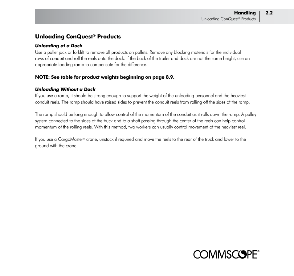 Unloading conquest, Products | CommScope ConQuest Conduit Construction User Manual | Page 11 / 79