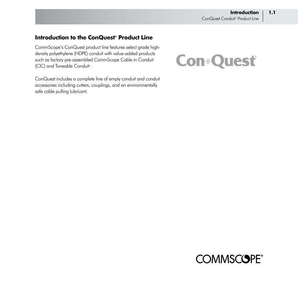 Introduction to the conquest, Product line | CommScope ConQuest Conduit Construction User Manual | Page 5 / 79