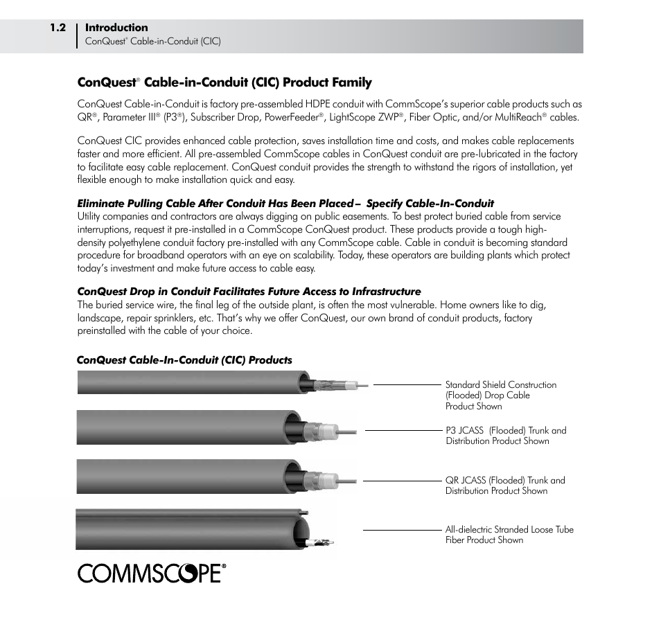 Conquest, Cable-in-conduit (cic) product family | CommScope ConQuest Conduit Construction User Manual | Page 6 / 79