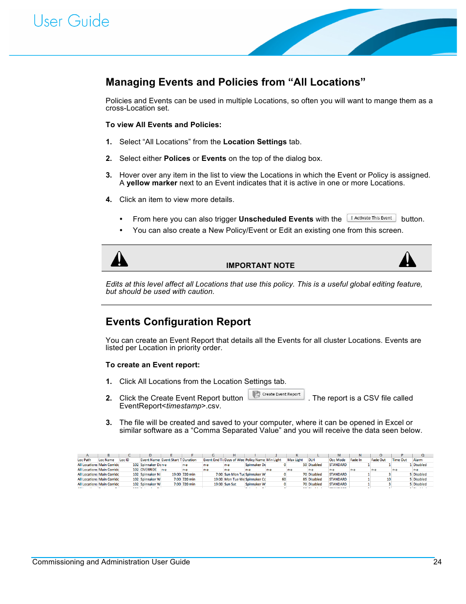 Managing events and policies from “all locations, Events configuration report | CommScope Redwood version 3.1 User Manual | Page 25 / 42