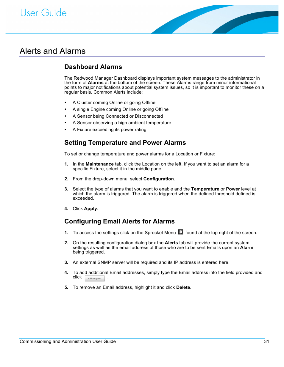 Alerts and alarms, Dashboard alarms, Setting temperature and power alarms | Configuring email alerts for alarms | CommScope Redwood version 3.1 User Manual | Page 32 / 42