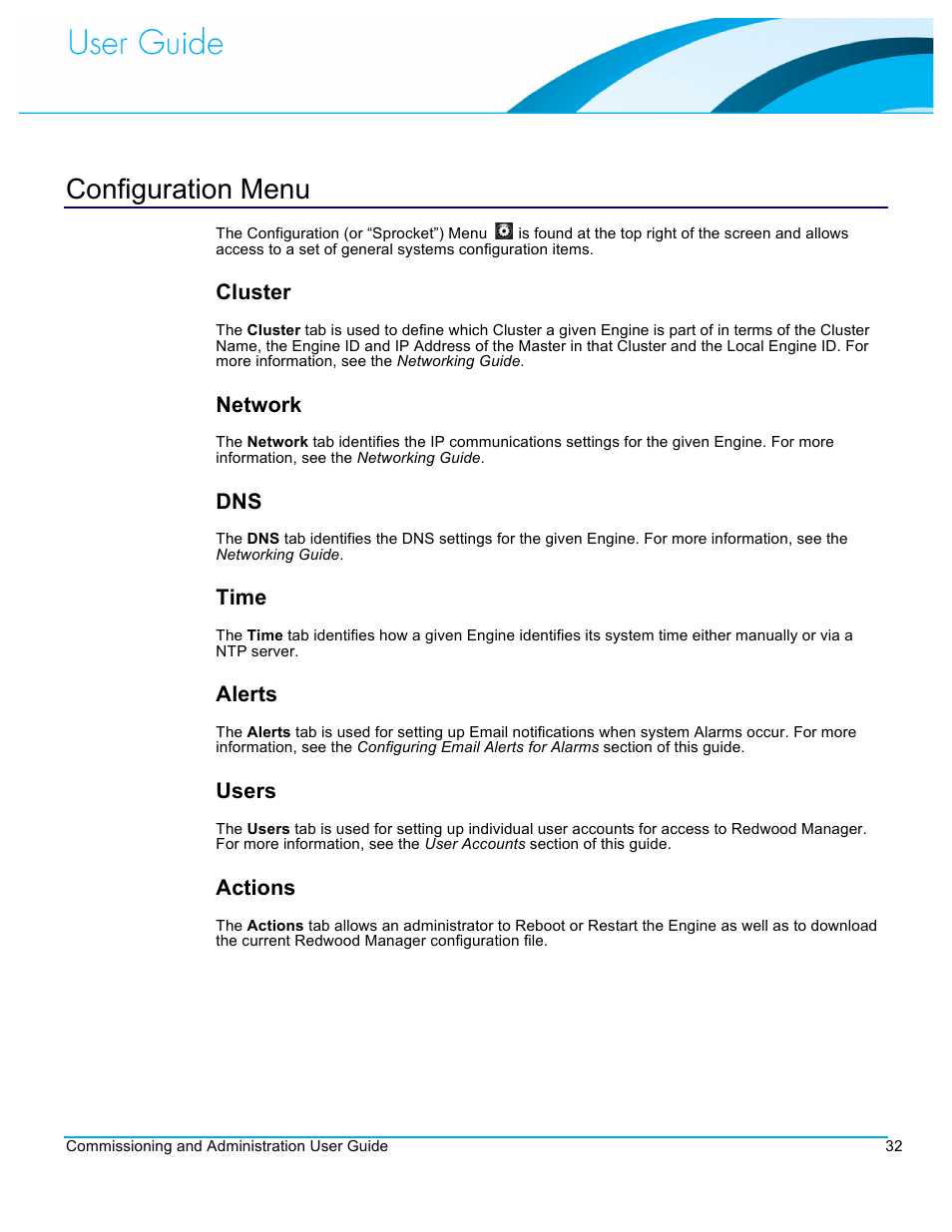 Configuration menu, Cluster, Network | Time, Alerts, Users, Actions | CommScope Redwood version 3.1 User Manual | Page 33 / 42